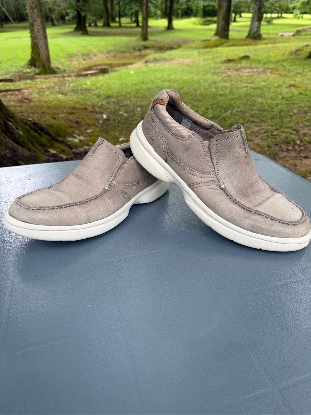 Clarks Men’s Taupe Slip-On Loafers with White Sole